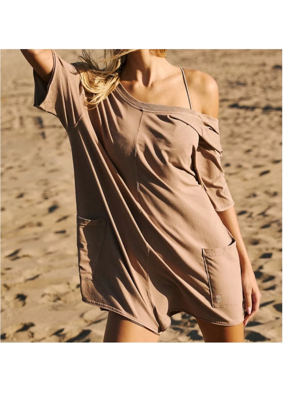 FP Movement by Free People Hot Shot Taupe Off-Shoulder Romper